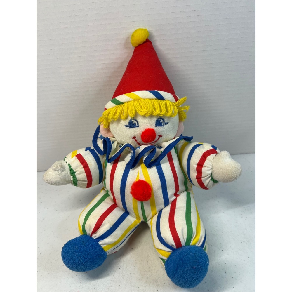 Vintage Plush Bantam Clown Doll Striped Primary Circus Stuffed Toy 12" Chime